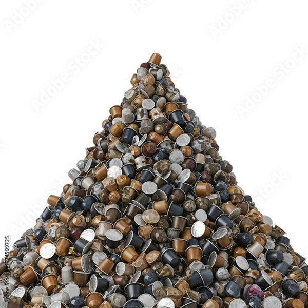 Fototapeta A large pile of used coffee capsules in various colors and materials, arranged in a conical shape against a transparent background.