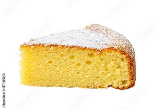Fototapeta Slice of cake dusted with powdered sugar against black background