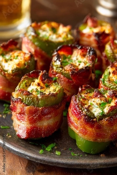 Fototapeta Delicious bacon-wrapped jalapeno poppers filled with creamy cheese are plated elegantly. This appetizing dish is perfect for gatherings, served in a cozy dining atmosphere during evening meals