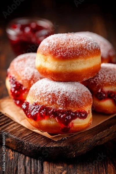 Fototapeta Soft and fluffy jelly donuts are stacked on a wooden board, dusted with powdered sugar, alongside a small jar of rich berry jam, creating a delightful dessert scene
