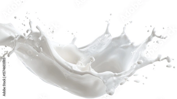 Fototapeta Bright view of milk splash, natural dairy, rich in calcium, smooth texture, for advertising and branding, on transparent background.