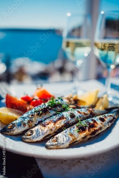 Fototapeta A plate of grilled fish sits on a table, accompanied by fresh tomatoes, lemon, and two glasses of white wine. The beautiful seaside view complements a perfect day