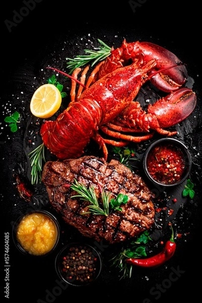 Fototapeta A lavish spread displays a succulent steak alongside a vibrant lobster, garnished with herbs and spices, creating an enticing culinary masterpiece perfect for seafood lovers and meat enthusiasts