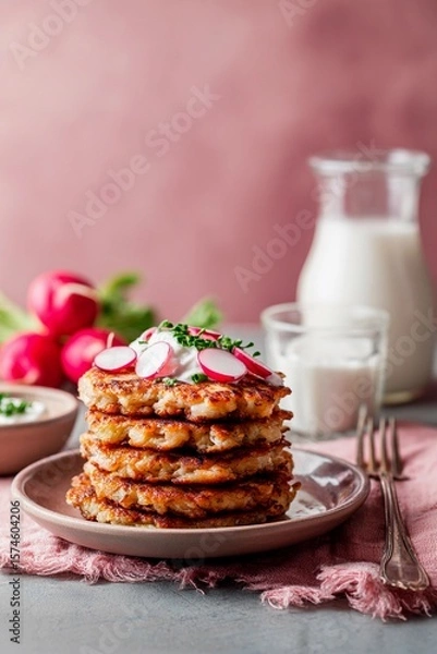 Fototapeta A hearty breakfast features golden-brown potato pancakes piled high, garnished with sliced radishes and accompanied by a glass of milk. The setting has a warm, inviting ambiance