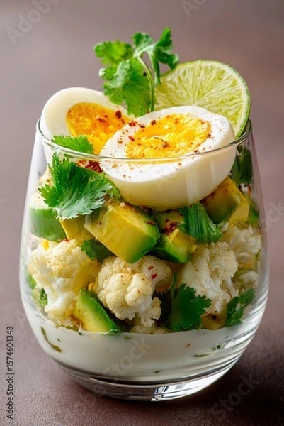 Fototapeta In a clear glass bowl, a colorful salad features chunks of avocado, cooked cauliflower, and a sliced boiled egg, topped with lime and fresh cilantro for a nutritious meal