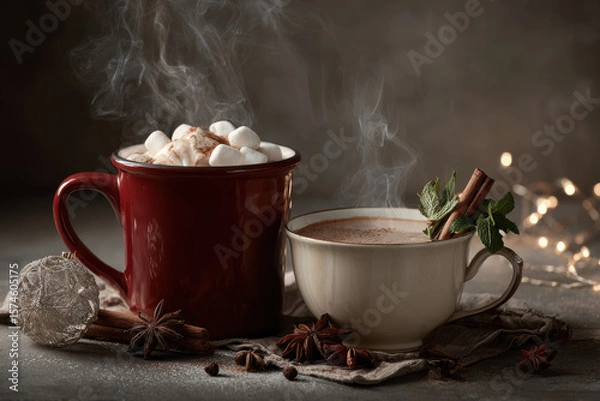 Fototapeta capture essence of new year  with cozy arrangement of festive hot beverages on solid color background