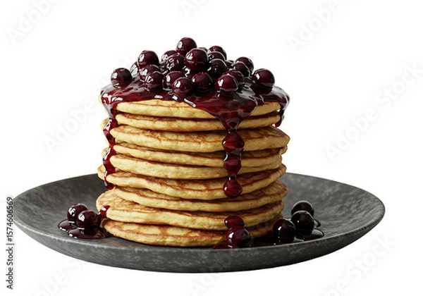 Fototapeta Stack of pancakes topped with cherries and syrup on a grey plate against a black background