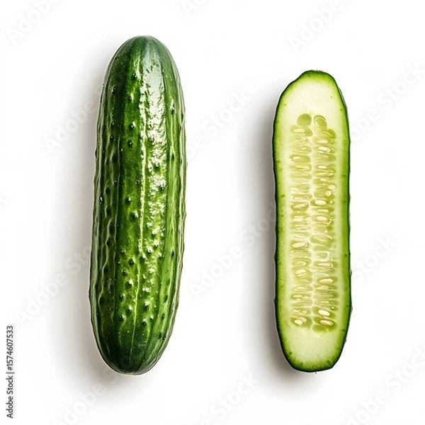 Fototapeta Fresh whole and sliced cucumber on a white background displaying juicy interior