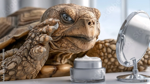 Obraz Close-up of a face cream and a turtle. 3d rendering