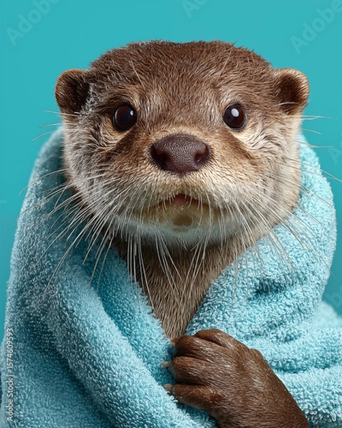Obraz Portrait of an Asian small clawed otter wrapped in a blue towel