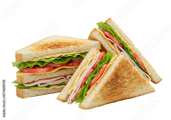 Fototapeta Three sandwiches with ham tomato lettuce cheese and dressing against a black backdrop