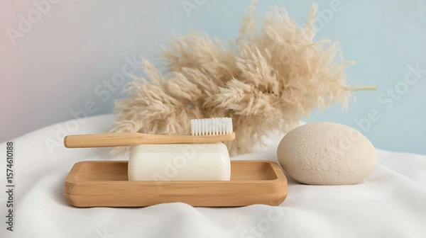 Fototapeta A minimalistic bathroom scene features a wooden soap dish, bamboo toothbrush, pumice stone, and beige pampas grass, surrounded by a white fabric surface and pastel sky gradient.