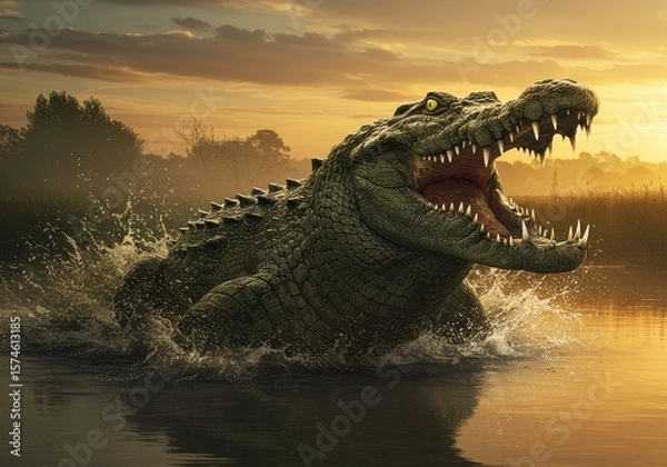Fototapeta A hyper-detailed crocodile in the sunset river, mouth open, splashing dramatically, with a tense mood and golden lighting.
