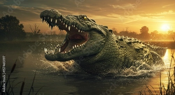 Fototapeta A hyper-detailed crocodile in the sunset river, mouth open, splashing dramatically, with a tense mood and golden lighting.
