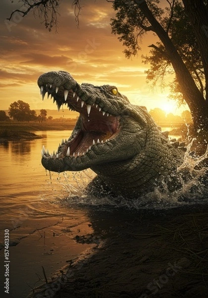 Fototapeta A hyper-detailed crocodile in the sunset river, mouth open, splashing dramatically, with a tense mood and golden lighting.
