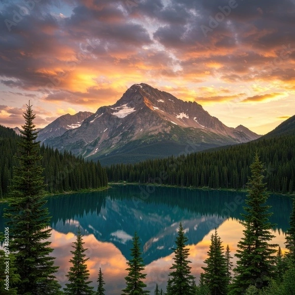 Fototapeta Colorful wildflowers bloom at sunrise near Mount Rainier, with lake, peaks, and forested mountains in view.
