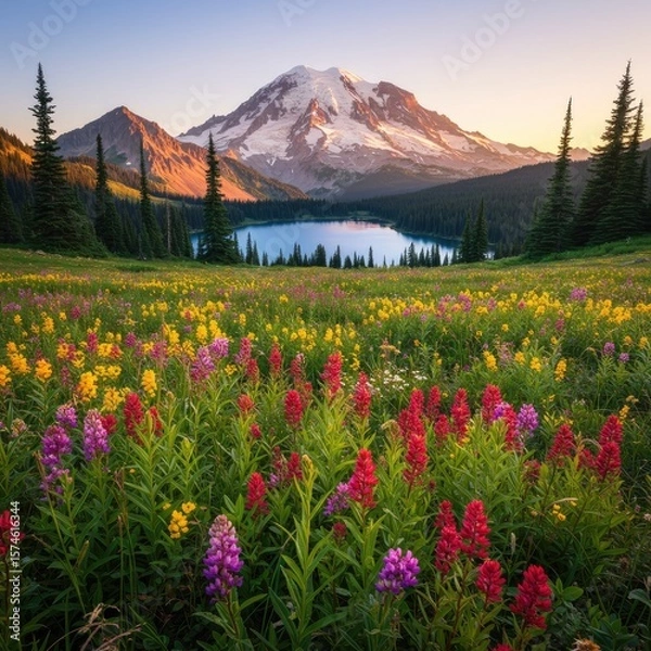 Fototapeta Colorful wildflowers bloom at sunrise near Mount Rainier, with lake, peaks, and forested mountains in view.
