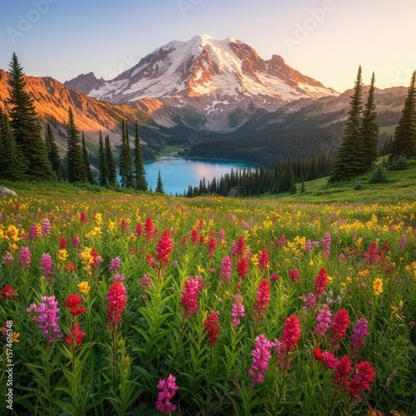 Fototapeta Colorful wildflowers bloom at sunrise near Mount Rainier, with lake, peaks, and forested mountains in view.
