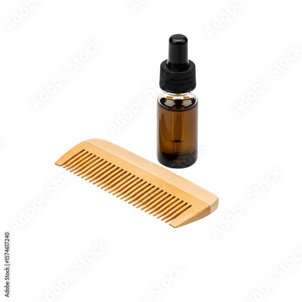 Fototapeta Wooden beard comb and dropper bottle of beard oil on transparent background