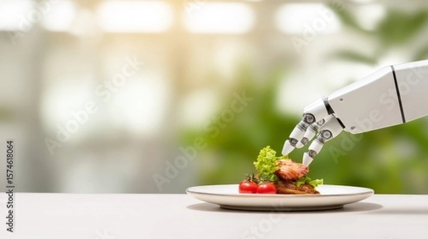 Fototapeta Innovative Food Technology Shaping the Future of Culinary Solutions, A robotic hand delicately places vegetables on a plate, blending technology with culinary art.