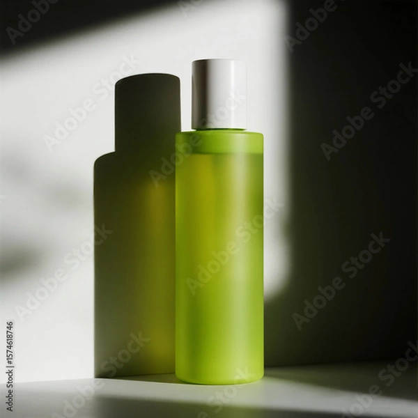 Fototapeta A modern minimalist product photo featuring a neon green cosmetic bottle standing upright on a white surface. The scene is illuminated by dramatic side lighting, creating a long shadow effect.