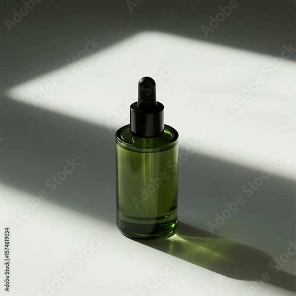 Fototapeta A modern minimalist product photo featuring a neon green cosmetic bottle standing upright on a white surface. The scene is illuminated by dramatic side lighting, creating a long shadow effect.