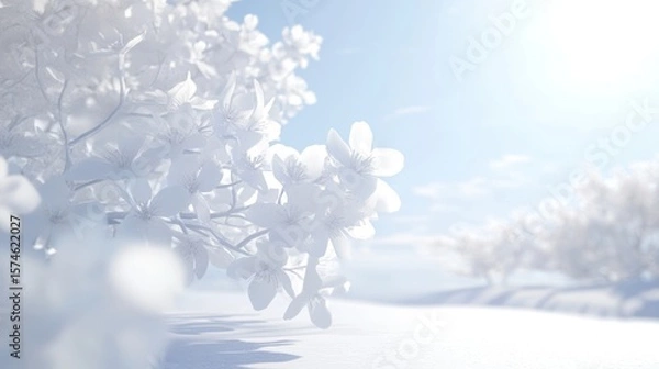 Obraz White blossoms, snowy landscape, sunny day, winter peace