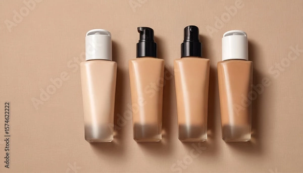 Obraz Neutral-toned cosmetic bottles with blank label areas in minimalist composition, versatile luxury template, versatile packaging concept for makeup and skincare brands