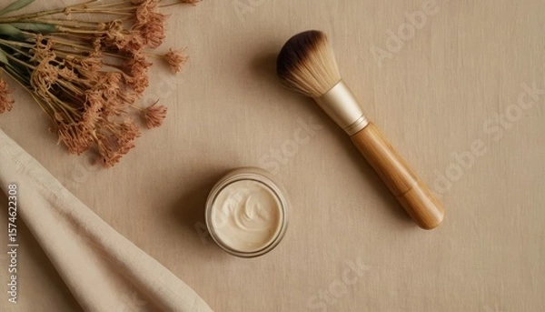 Obraz Open cream jar with natural bristle makeup brush on linen background, organic skincare essentials, organic beauty concept perfect for clean beauty brands and tutorials