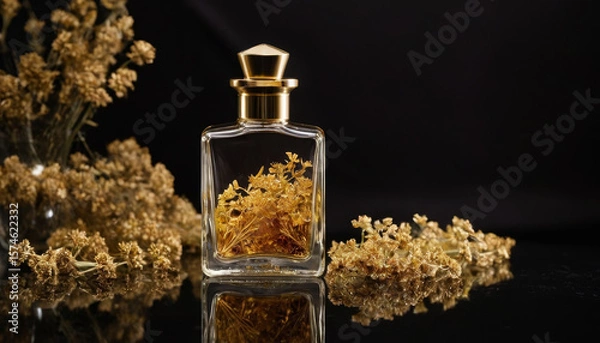 Obraz mpty rectangular glass bottle with yellow flowers inside, surrounded by dried blooms on black background, luxury botanical style, luxury packaging perfect for high-end perfume and cosmetic brands.