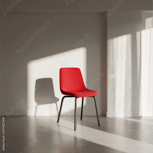 Fototapeta Red Chair with Metal Legs in Sunlit Minimal Room with Soft Shadows