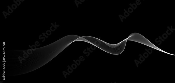 Fototapeta vector wavy lines flowing smooth curve white grey light color on black background. Concept of technology, digital, communication, science, music