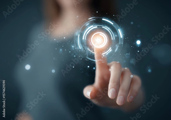 Fototapeta A human hand touching a circular diagram on the touch screen interface. Abstract technology background, concept of innovation, digital technology, network, big data, metaverse. 
concept
