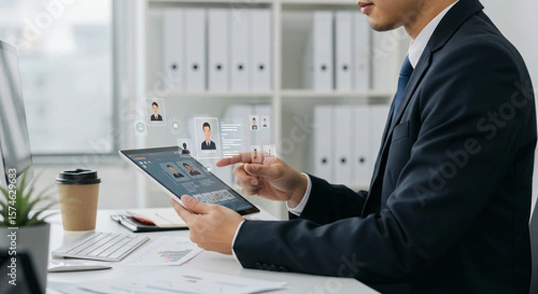 Fototapeta Visualizing business analytics, a person reviews human resources data on an advanced digital tablet.