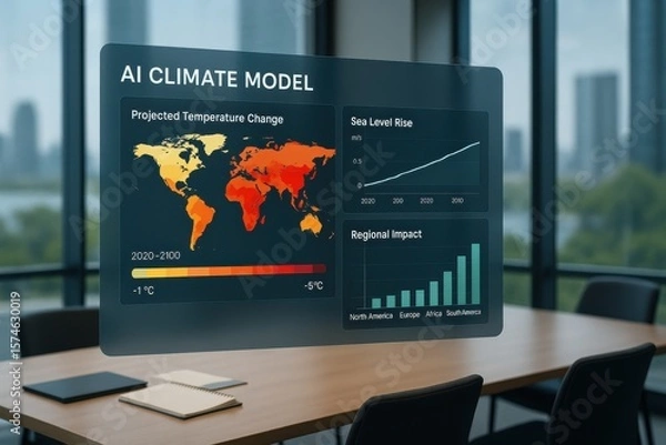 Fototapeta AI Climate Model Dashboard Showing Global Temperature Change, Sea Level Rise, and Regional Environmental Impact
