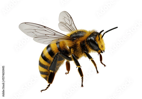 Fototapeta 3D Render of a Honeybee in Flight, Detailed Close-up, Black Background, Realistic, Nature, Insect, Pollination, Wildlife, Macro Photography, Studio Shot.