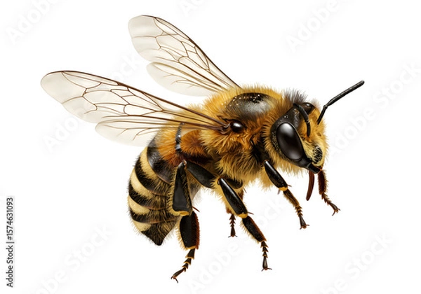 Fototapeta Honeybee in Flight: Detailed Macro Photography, Golden Hues, Black Background, Nature, Insect, Wildlife, Close-up, Studio Shot, High-Resolution, Realistic, Detailed Texture