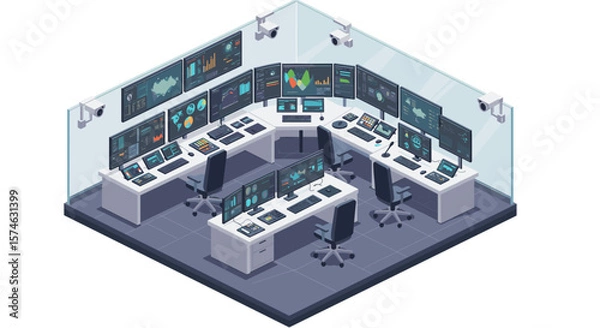 Fototapeta Modern control room with multiple display screens and security cameras in isometric view