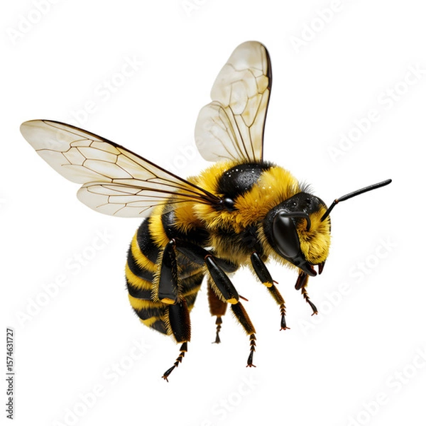 Fototapeta A detailed closeup of a fuzzy bee with intricate wings, captured midflight against a stark transparent background