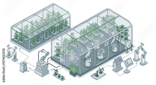 Fototapeta Futuristic greenhouse technology in isometric design: automated robotics and smart farming solutions