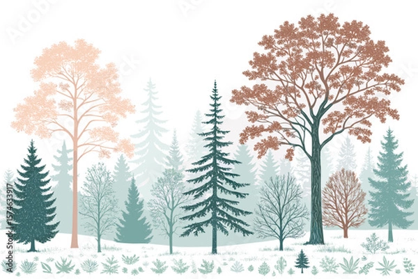 Fototapeta Stylized forest landscape with various trees and soft colors  
