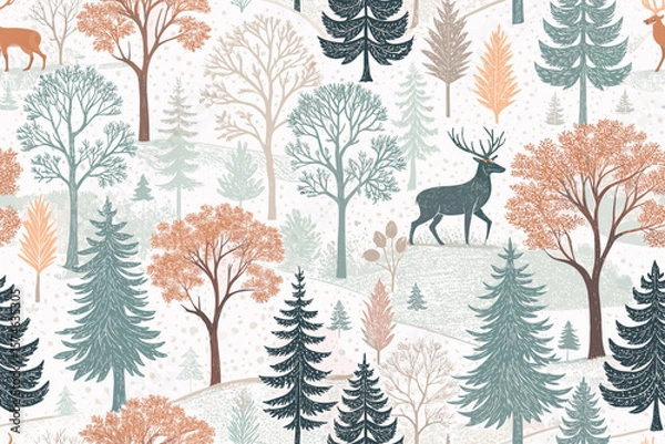 Fototapeta Nature pattern featuring deer and trees in soft pastel colors  