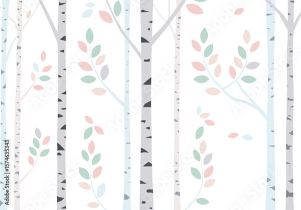 Fototapeta Birch trees with pastel leaves in a light background design  