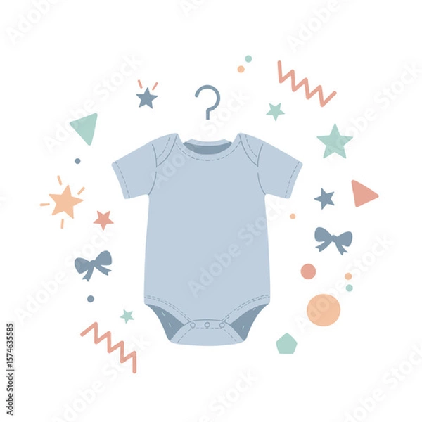 Fototapeta Baby bodysuit hanging with colorful decorative shapes around  