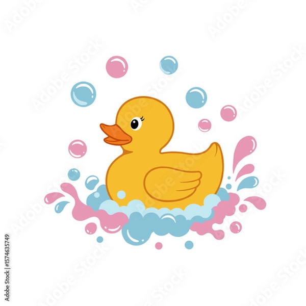 Fototapeta Yellow rubber duck floating in bubbles with pink and blue splashes  