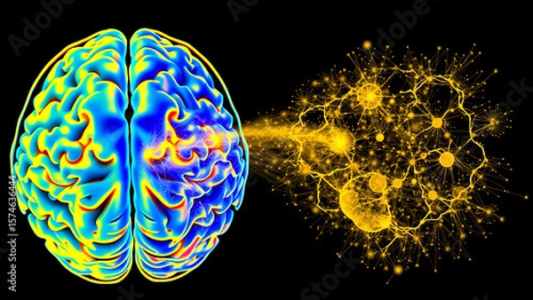 Obraz Real-time fMRI (16:9) visualization of the human brain during a "Eureka moment": the default mode network (gold) interacts with the prefrontal cortex (blue), with abstract thoughts exploding .