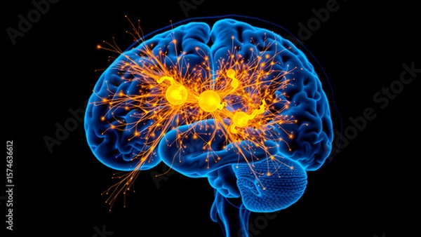 Obraz Real-time fMRI (16:9) visualization of the human brain during a "Eureka moment": the default mode network (gold) interacts with the prefrontal cortex (blue), with abstract thoughts exploding .