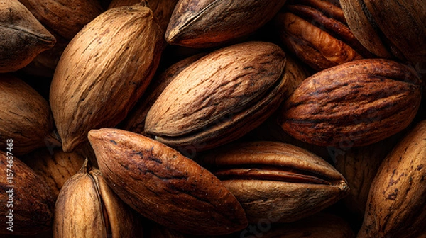 Fototapeta Close-up view of pecan nuts with textured outer shells, highlighting their earthy colors and natural beauty