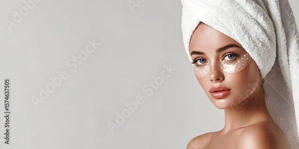 Fototapeta A woman applies skincare patches while wrapped in a towel, embracing a moment of relaxation at home