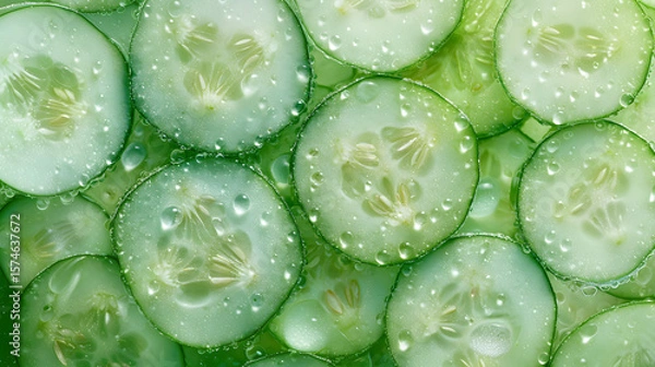 Fototapeta Bright green cucumber slices are arranged in layers, glistening with water droplets, showcasing their freshness